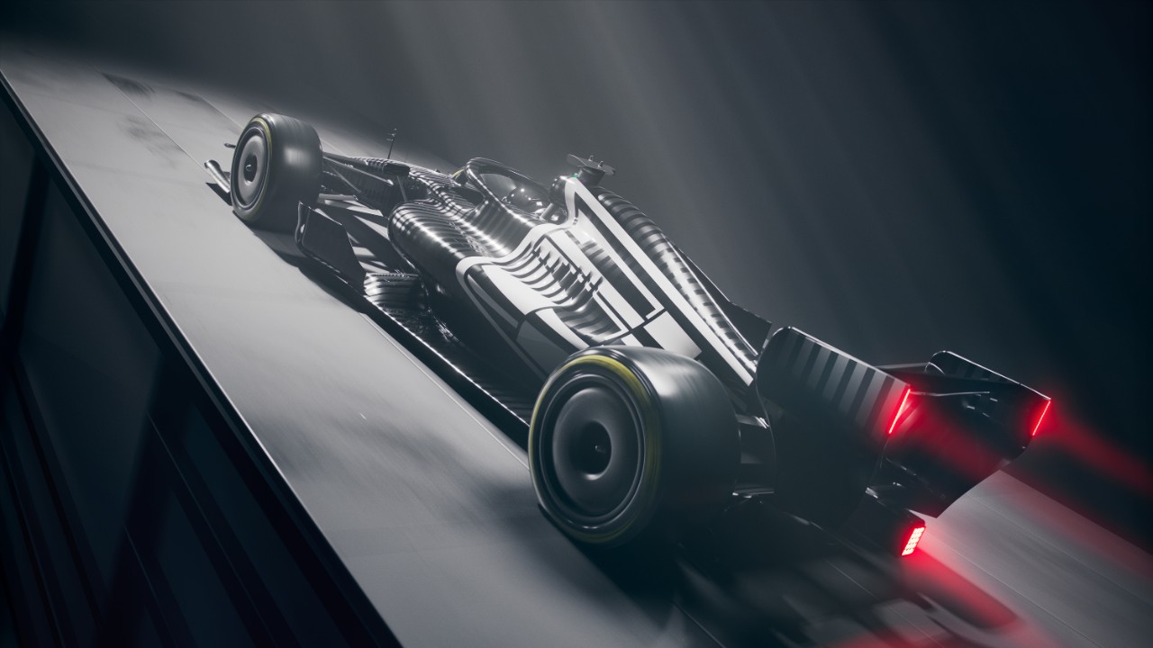 Rear three-quarter view of Cadillac Formula 1 test livery.