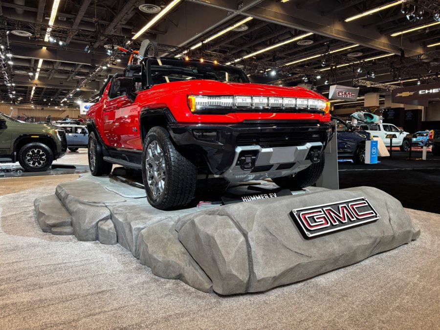 GMC Hummer EV Pickup in red at the Montreal International Auto Show